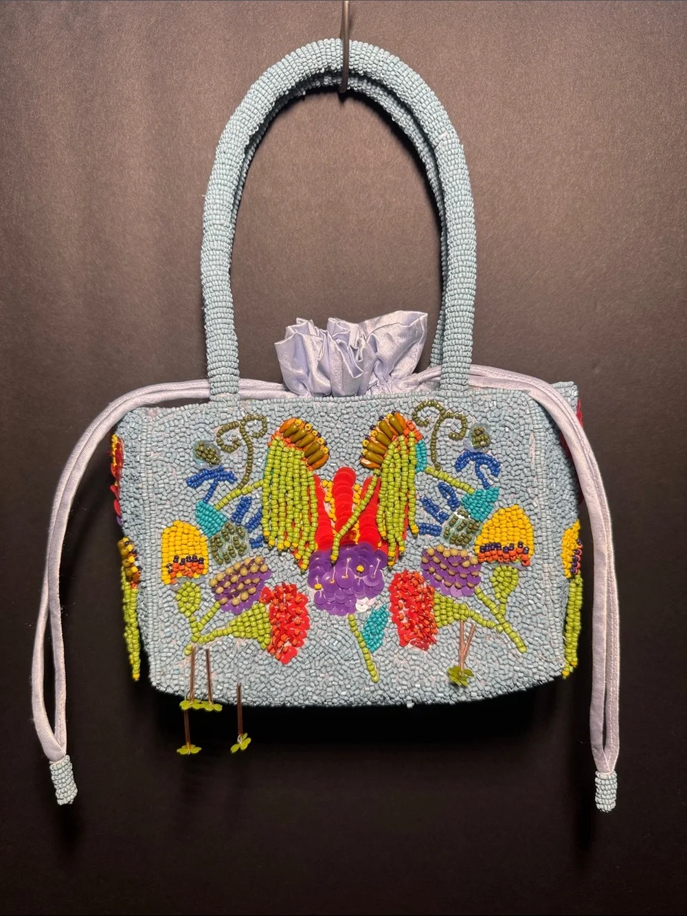 Hand-Beaded Floral Tulip Drawstring Clutch in Light Blue